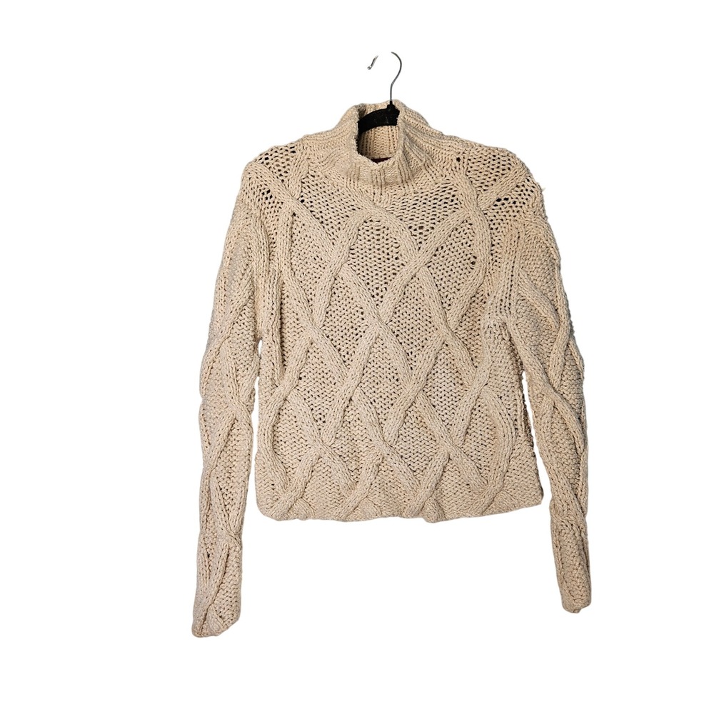 Sundance‎ Beige Diamond Cable Knit Turtle Neck Sweater Silk Cotton Womens Large